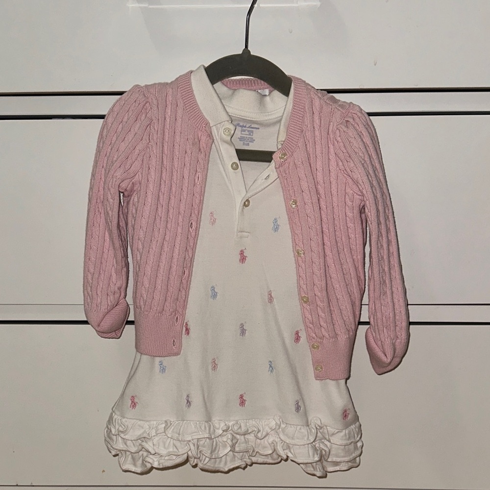 Polo by Ralph Lauren Pink Cardigan and White Polo Dress set
